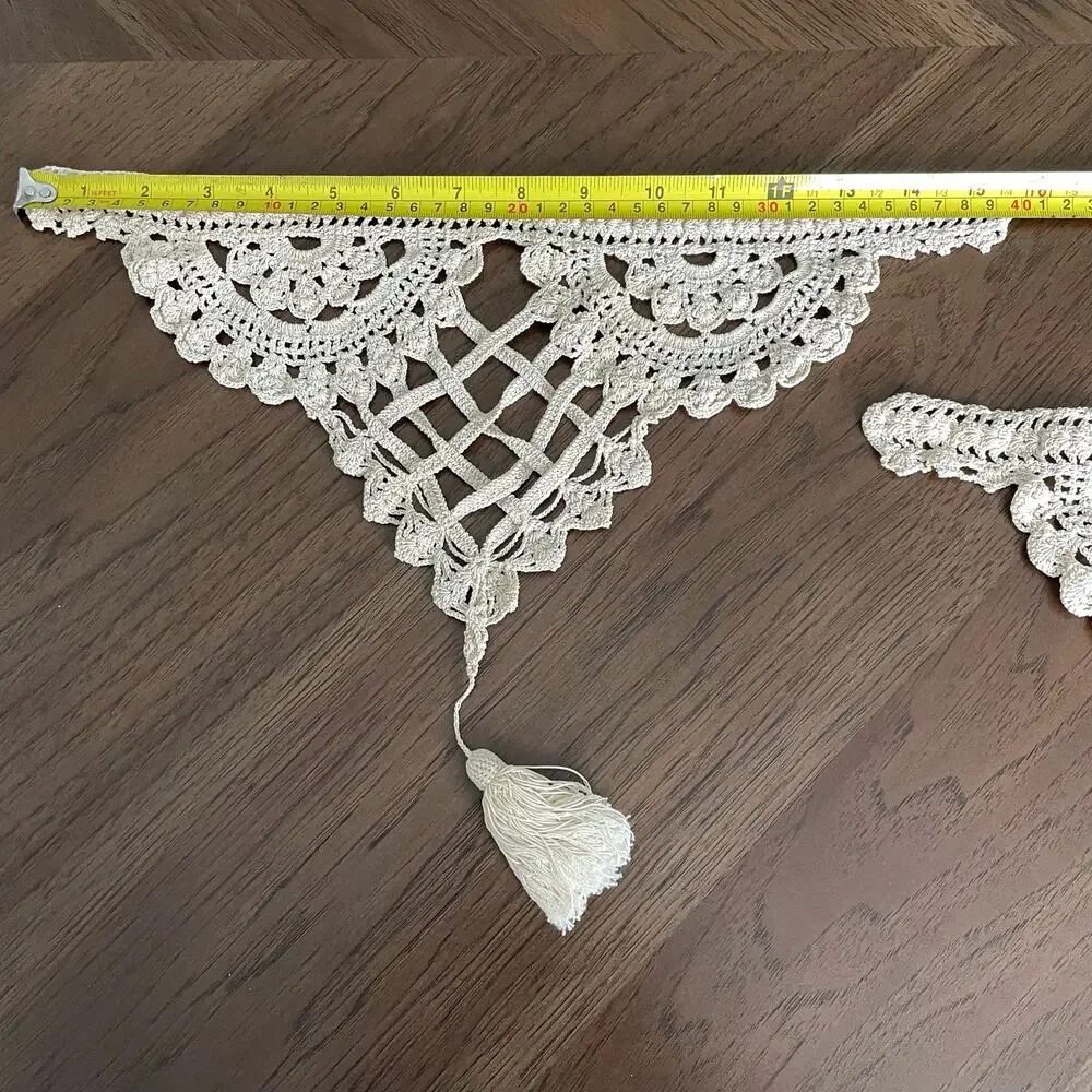 Vintage Crochet Curtain Tie Backs Handmade Off White Lattice Pair Tassel READ
